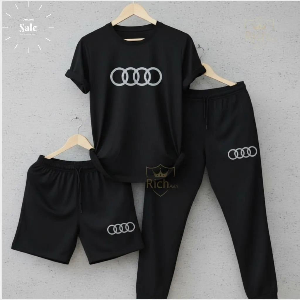 Audi Logo Summer Tracksuit Set – Pack of 3 (T-Shirt, Short & Trouser)