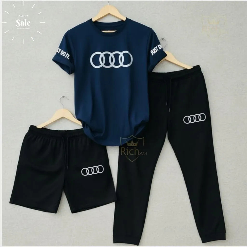 Audi Logo Summer Tracksuit Set – Pack of 3 (T-Shirt, Short & Trouser)