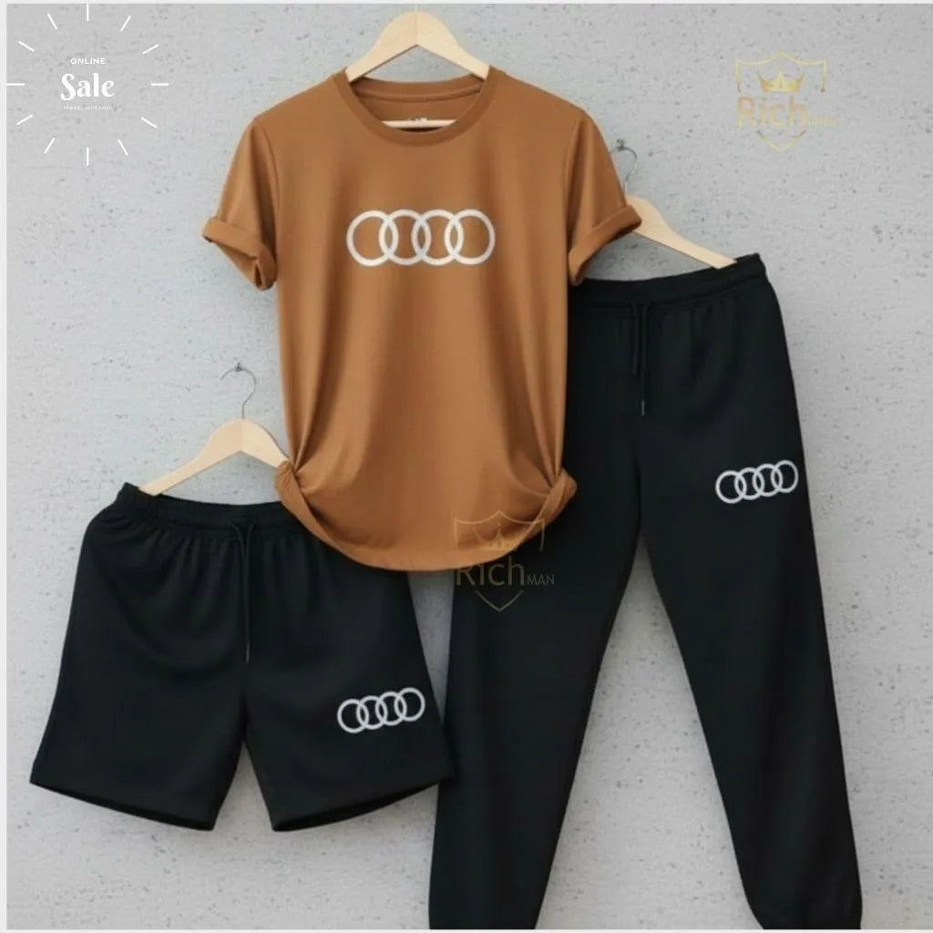 Audi Logo Summer Tracksuit Set – Pack of 3 (T-Shirt, Short & Trouser)