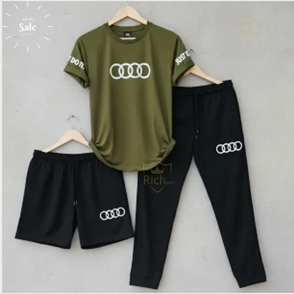 Audi Logo Summer Tracksuit Set – Pack of 3 (T-Shirt, Short & Trouser)