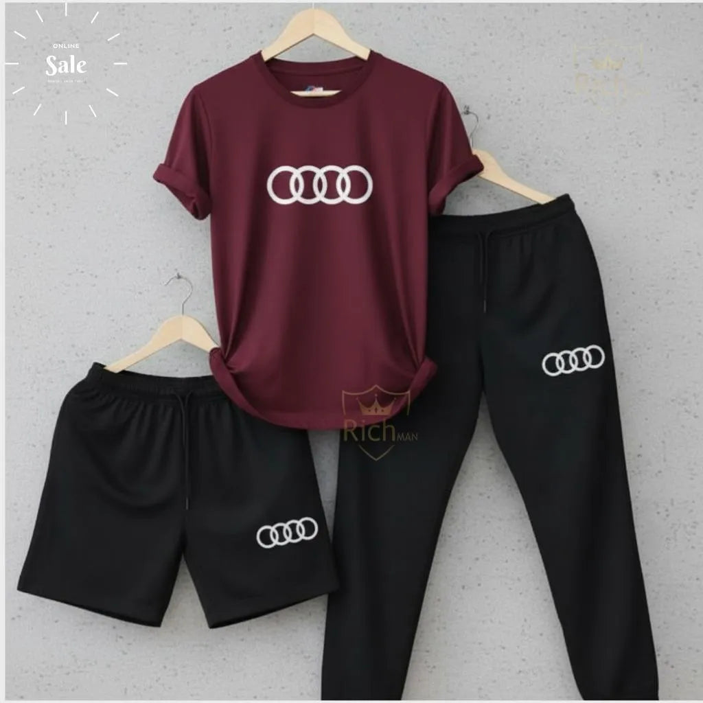 Audi Logo Summer Tracksuit Set – Pack of 3 (T-Shirt, Short & Trouser)